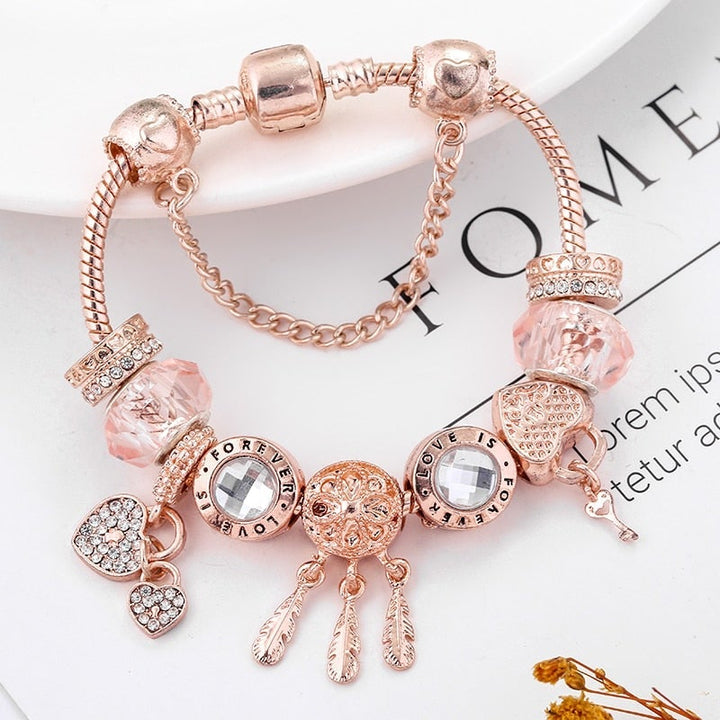 Rose Dreamcatcher-Armband mit Charms aus Sterling Silber - Rosa